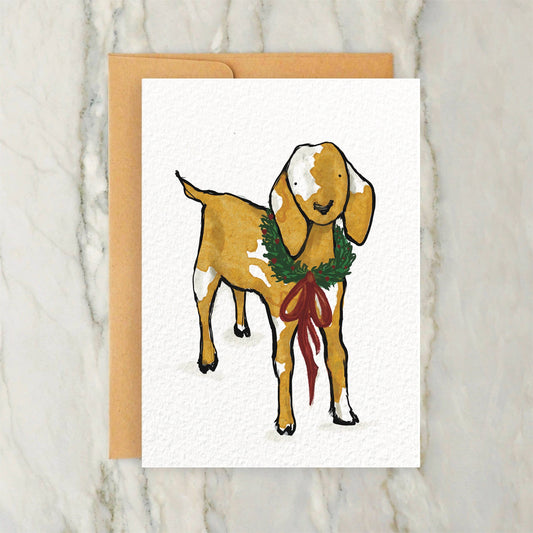 Goat with Wreath Collar Holiday Card 4x5"