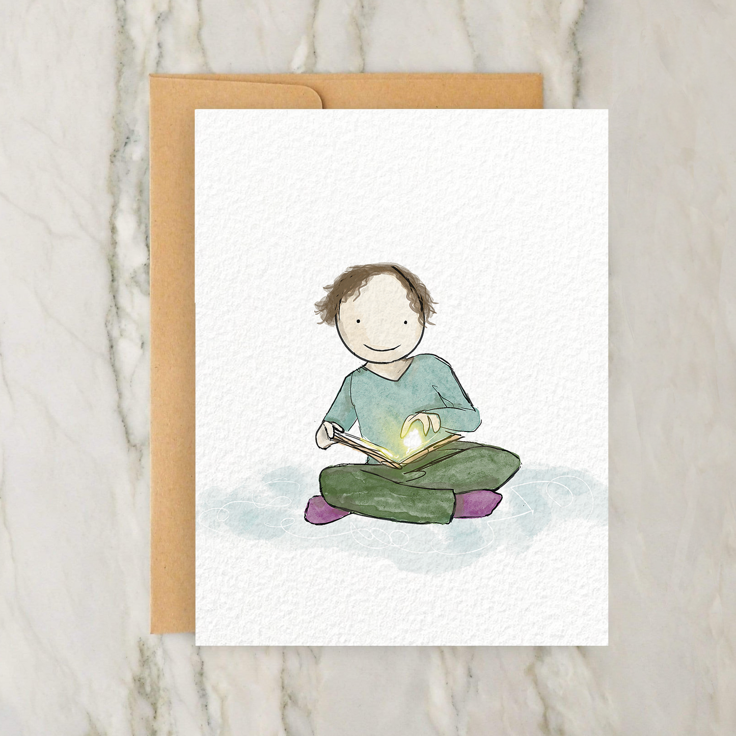 a card with a drawing of a man sitting on the floor reading a book