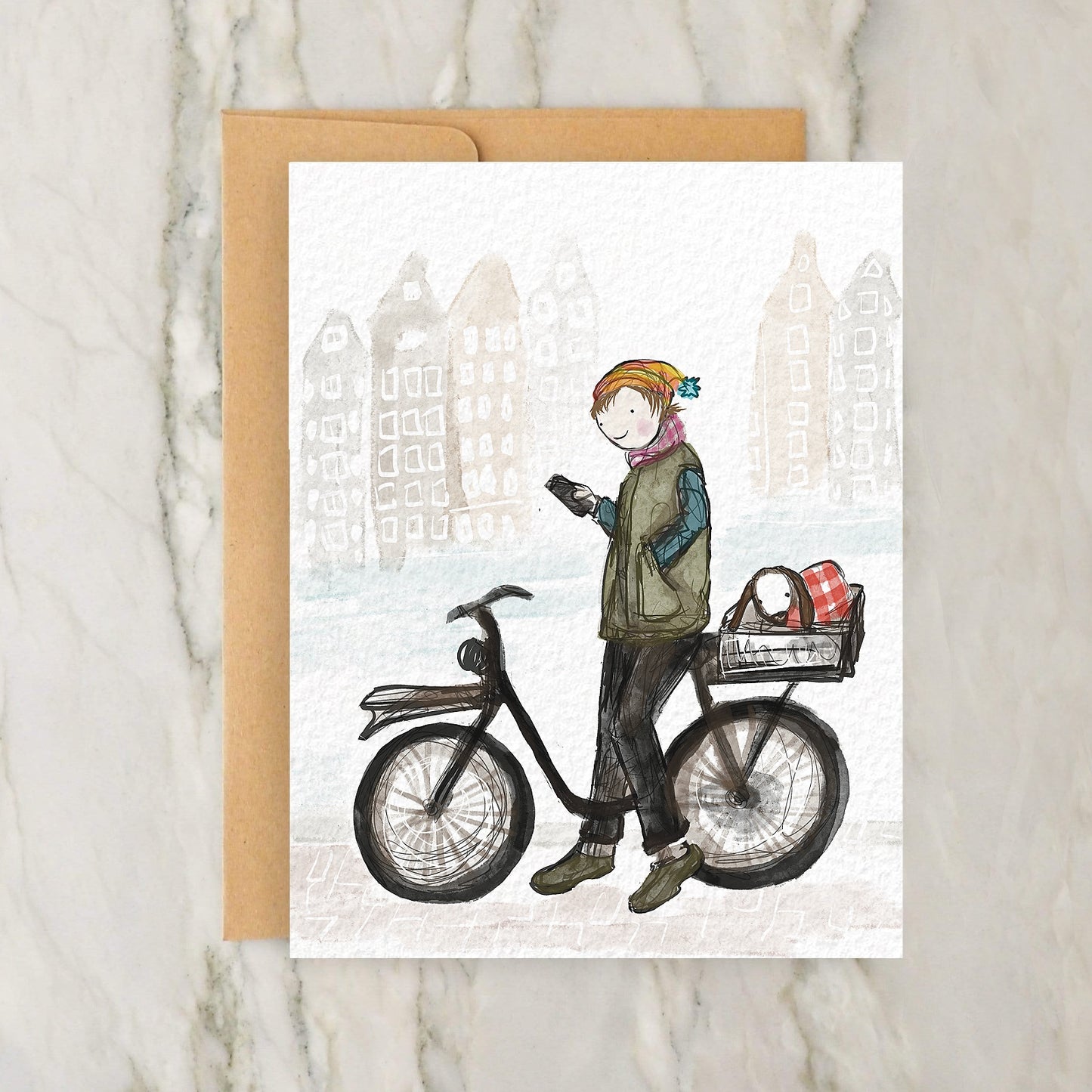 Person On a Bike in Amsterdam in Snow 4x5" Greeting Card