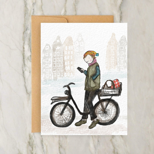 Person On a Bike in Amsterdam in Snow 4x5" Greeting Card