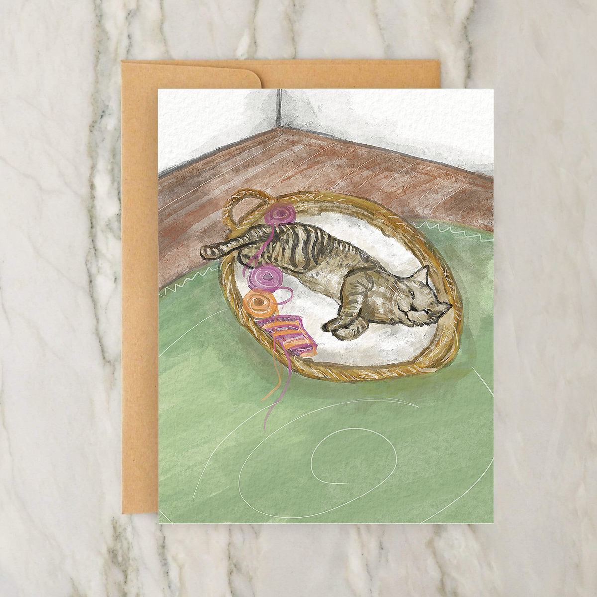 Cat In Yarn Basket 4x5" Greeting Card