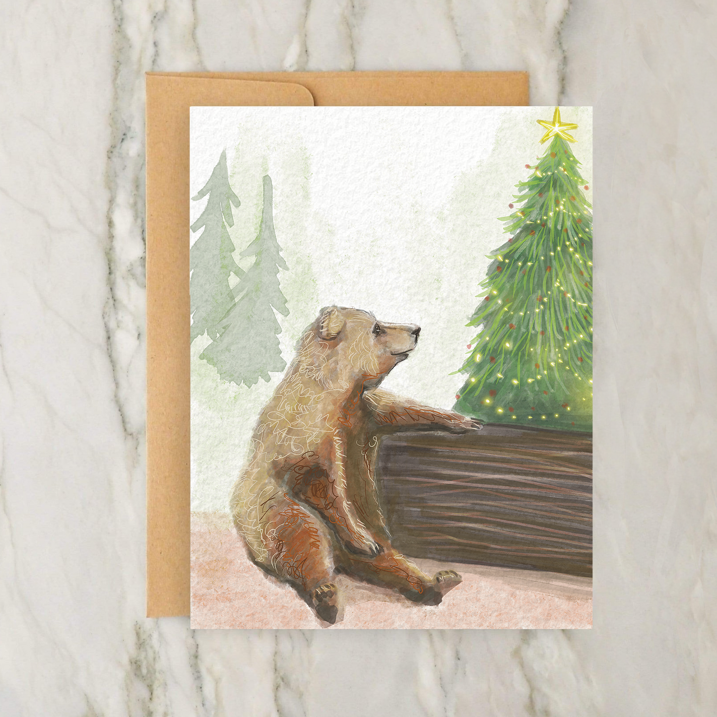 Bear Looking at Christmas Tree 4x5" Greeting Card