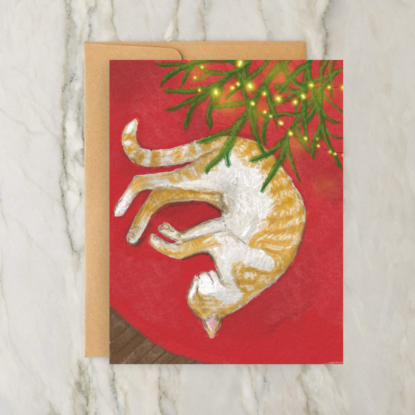 Cat Under Christmas Tree 4x5" Greeting Card