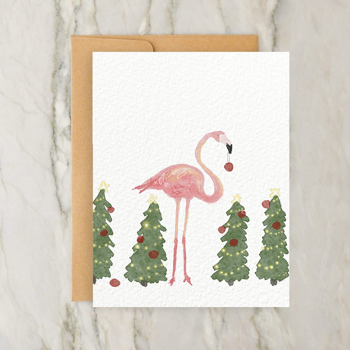 Christmas Flamingo With Trees 4x5" Greeting Card