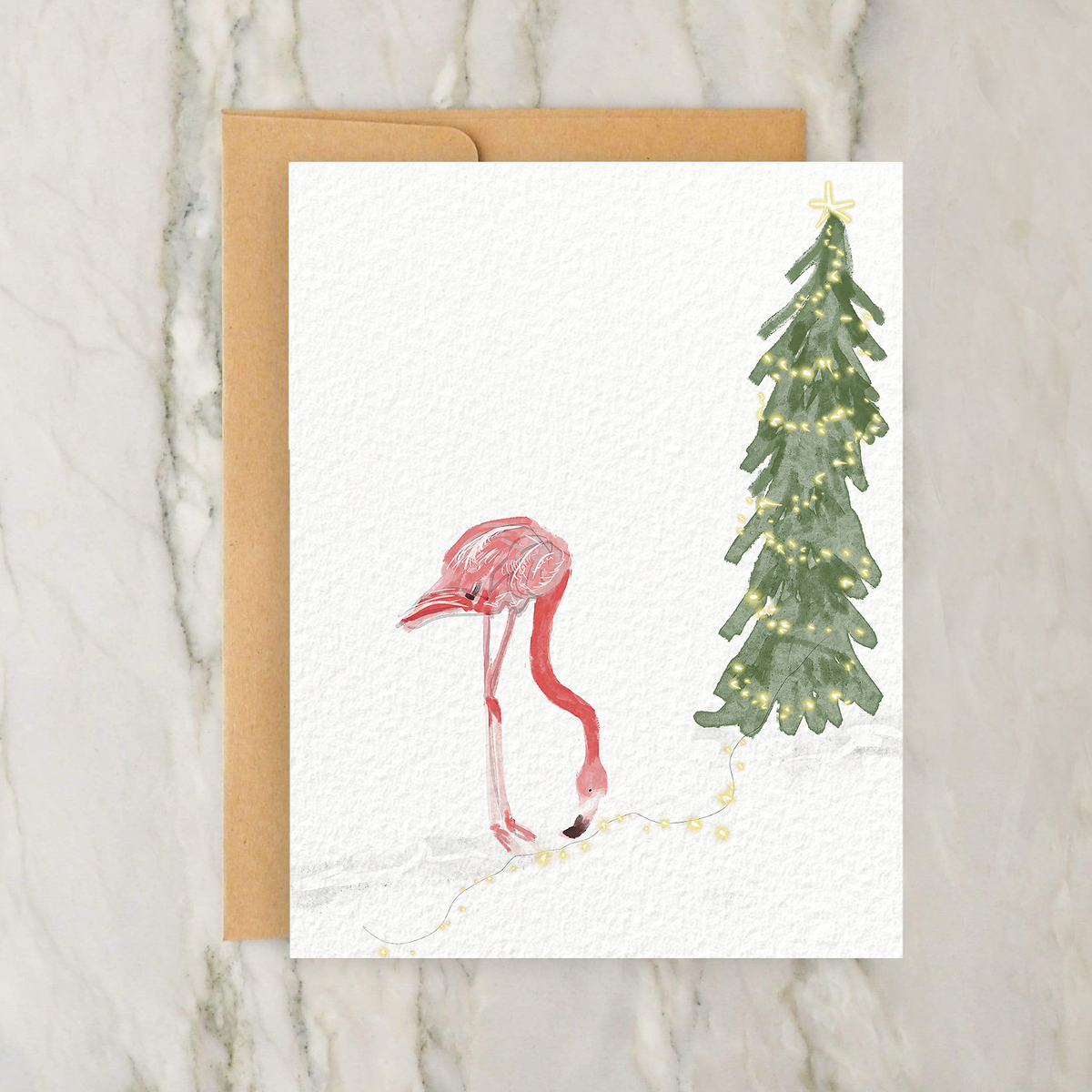 Dancing Christmas Flamingo With Tree 4x5" Greeting Card