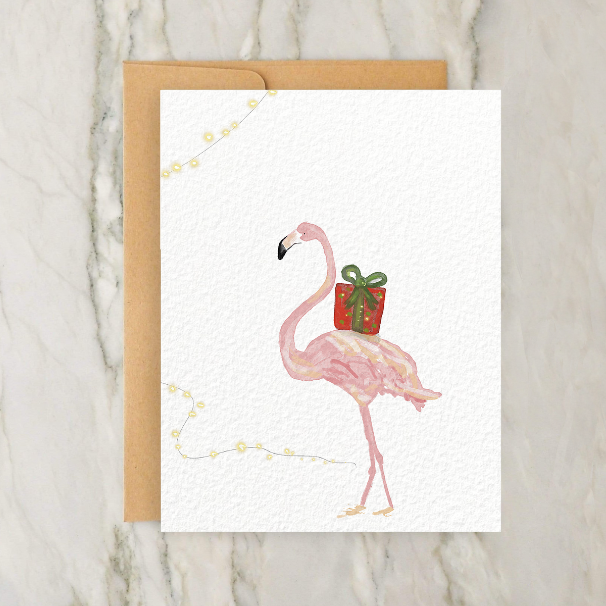 Christmas Flamingo With Present 4x5" Greeting Card