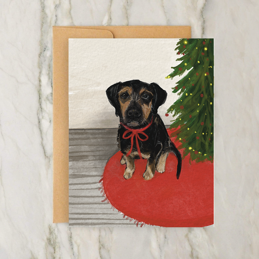 Black and Brown Puppy Under Christmas Tree 4x5" Greeting Card