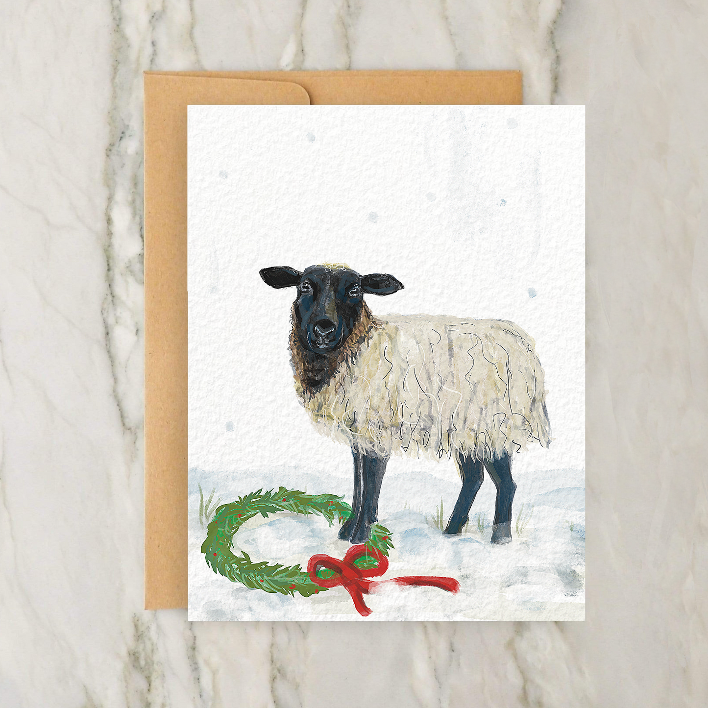 Sheep with Christmas Wreath 4x5" Greeting Card