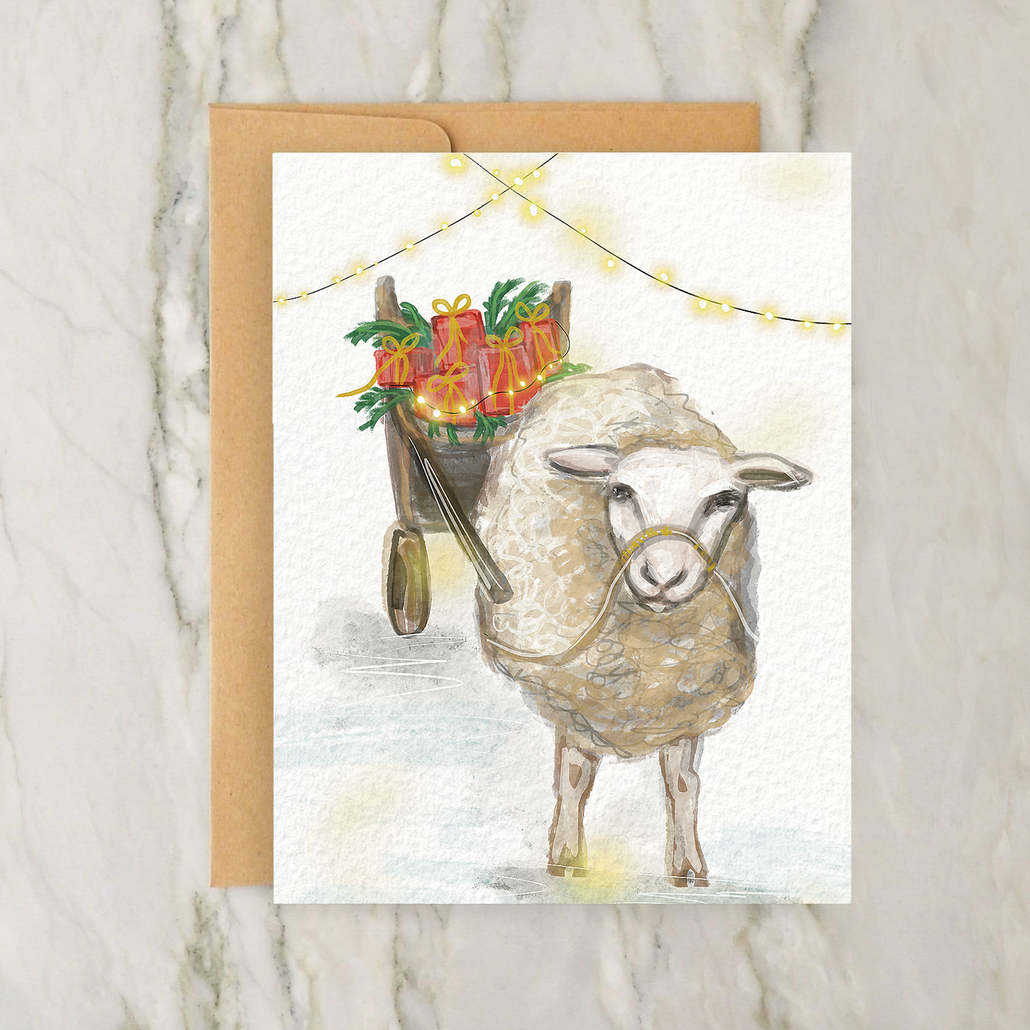 Sheep Pulling Cart of Christmas Gifts 4x5" Greeting Card