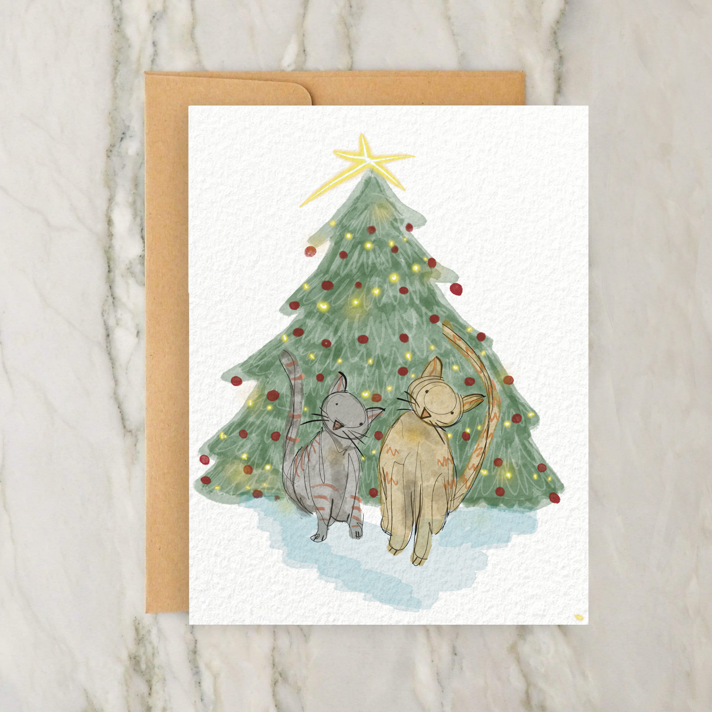 Cats Under Christmas Tree 4x5" Greeting Card