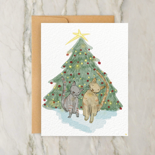 Cats Under Christmas Tree 4x5" Greeting Card