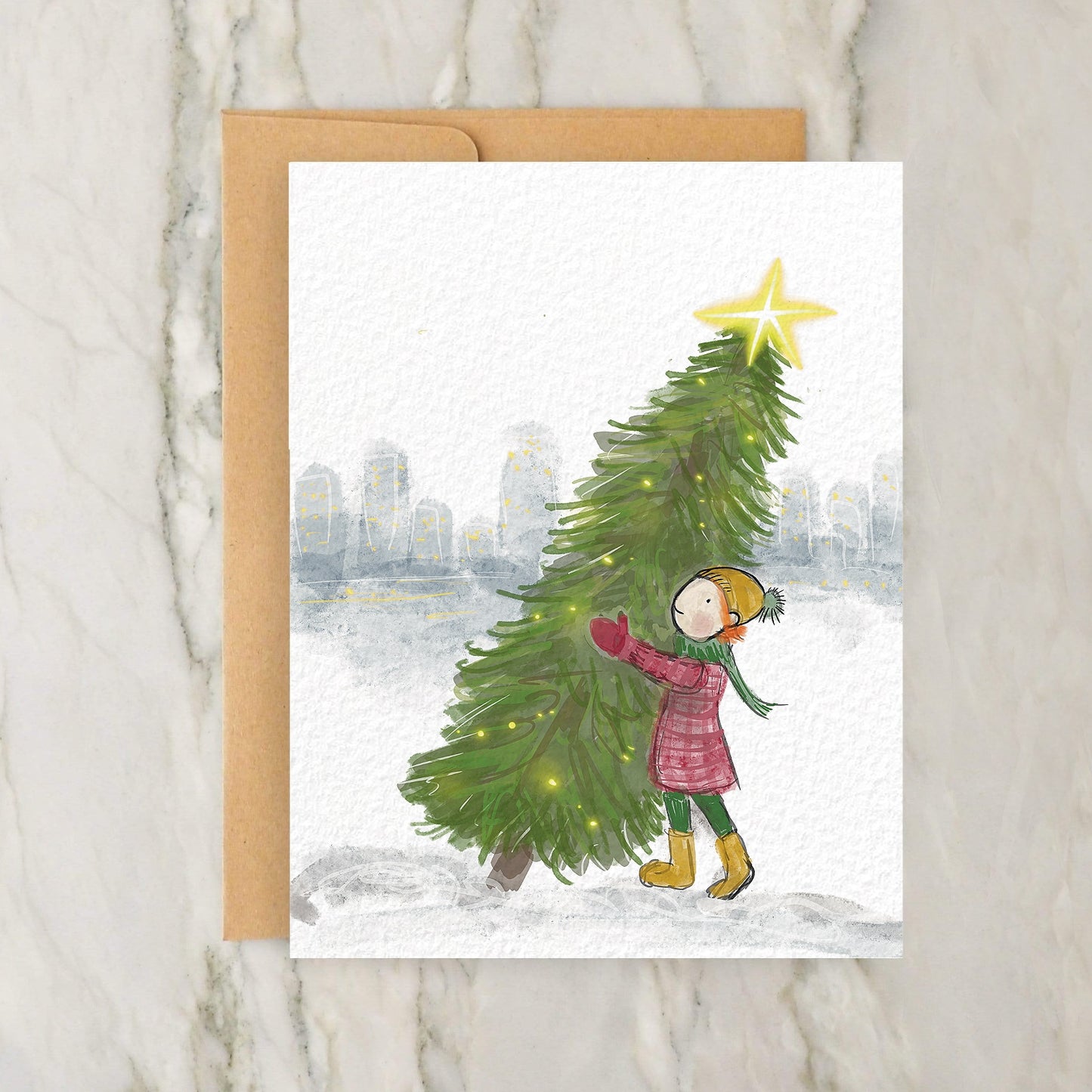 Person Trying Carry Huge Christmas Tree 4x5" Greeting Card