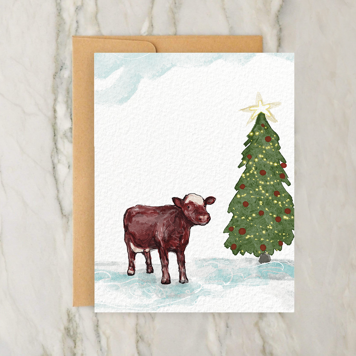 Brown Christmas Cow 4x5" Greeting Card