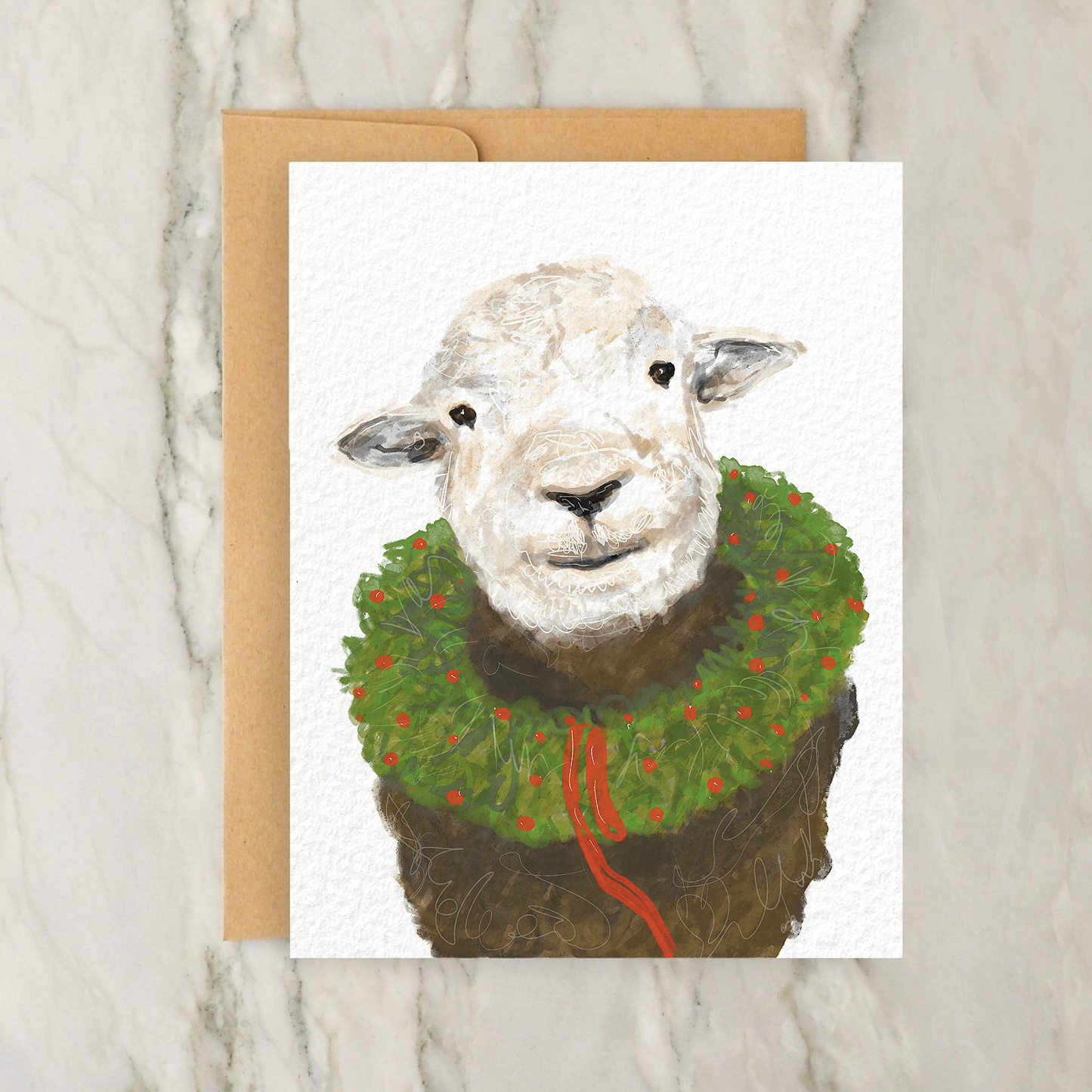 Christmas Herdwick Sheep with Wreath 4x5" Greeting Card