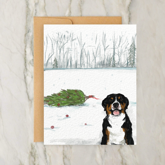 Christmas Swiss Mountain Dog with Tree 4x5" Greeting Card