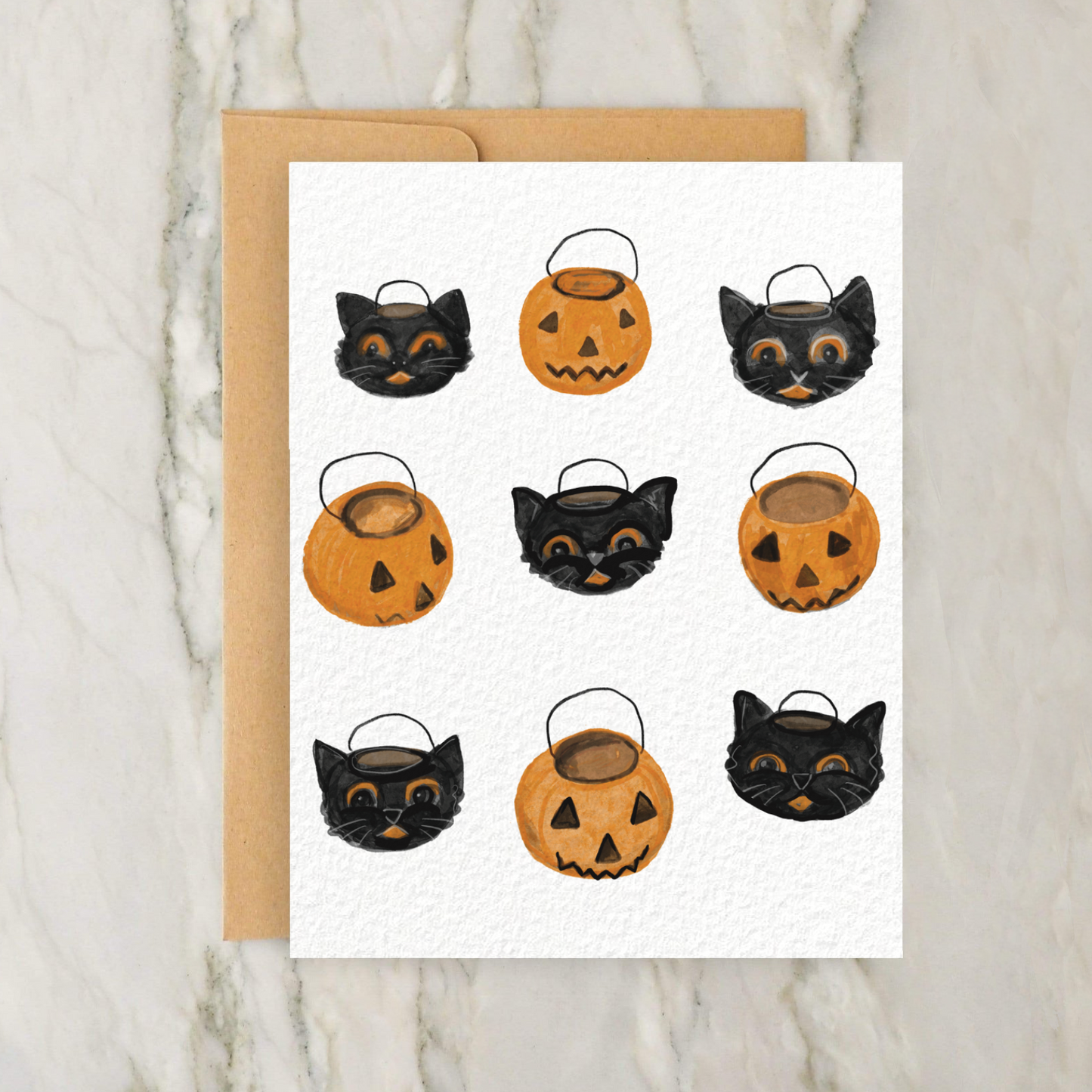 Vintage Halloween Cats and Pumpkins 4x5" Greeting Card