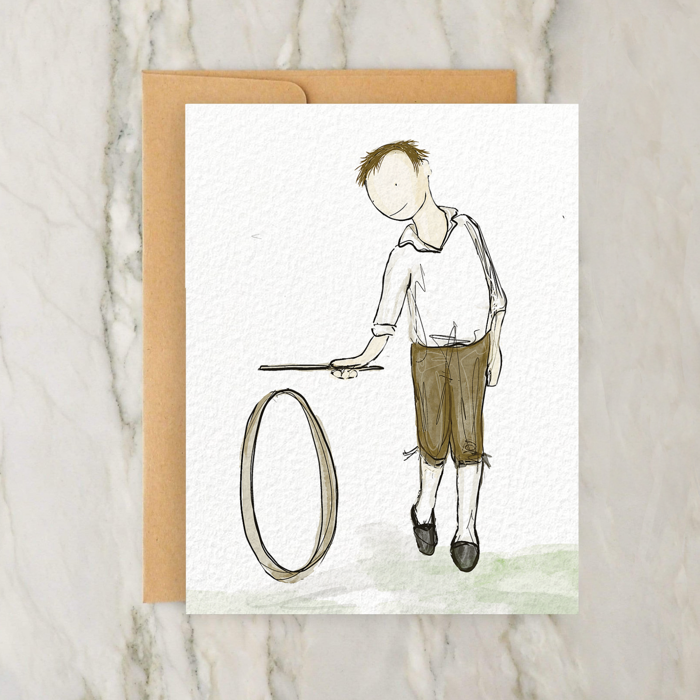 Old Fashioned Child with Hoop Toy 4x5" Greeting Card