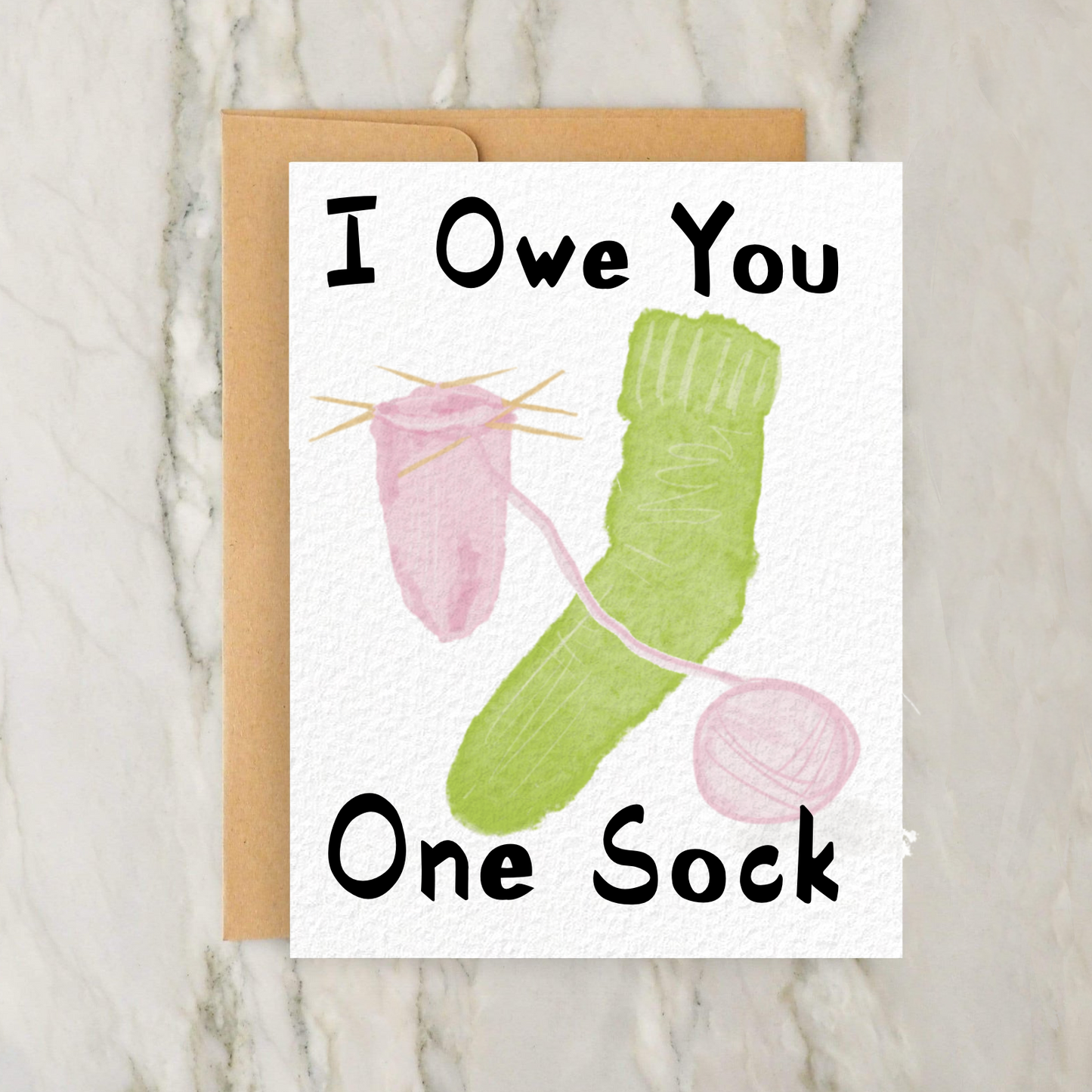 "I Owe You One Sock" Knitting Humor Illustrated 4x5" Greeting Card