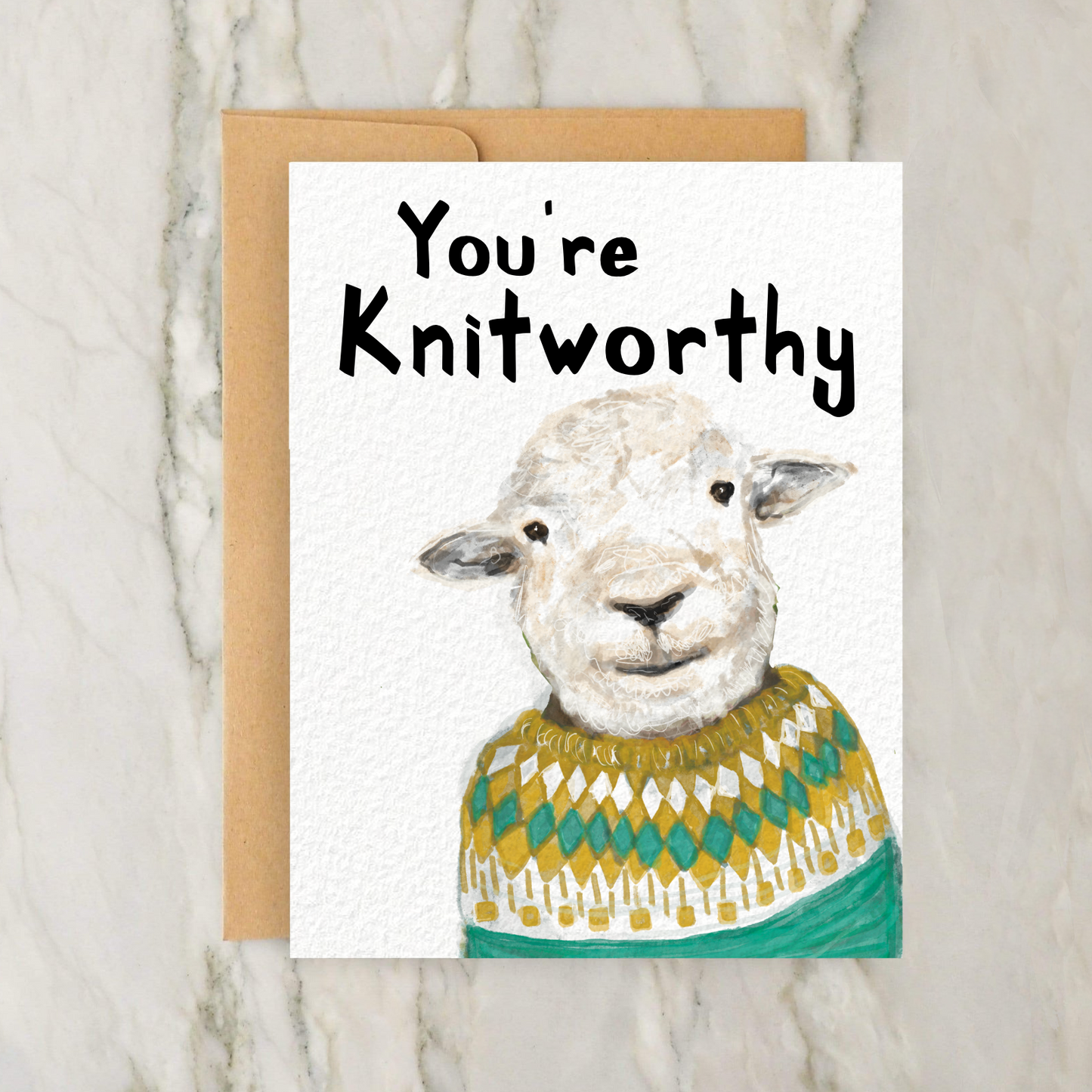"You're Knitworthy" Sheep in Sweater Knitting Humor 4x5" Greeting Card