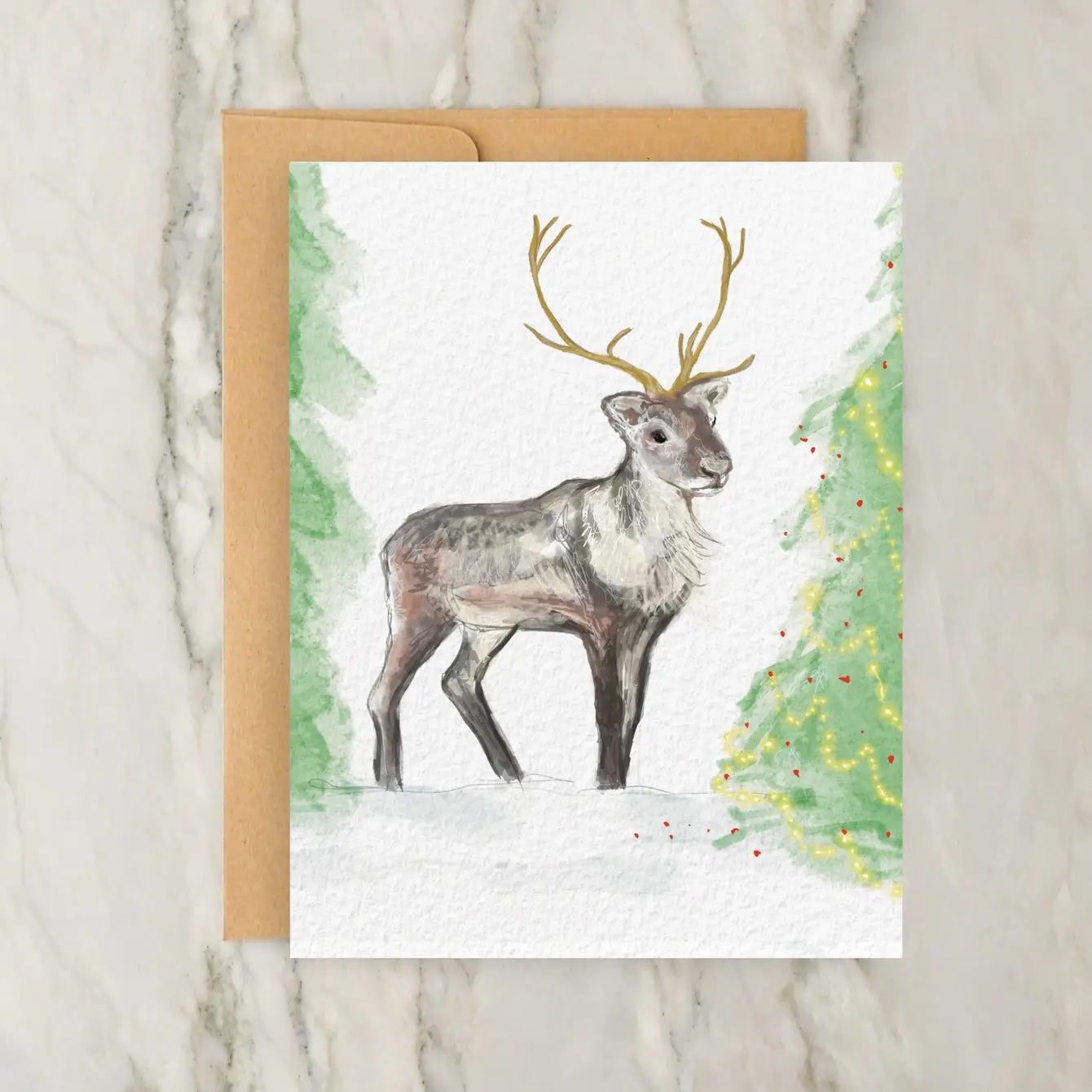 Reindeer With Evergreen Trees 4x5" Christmas / Winter Holiday Greeting Card