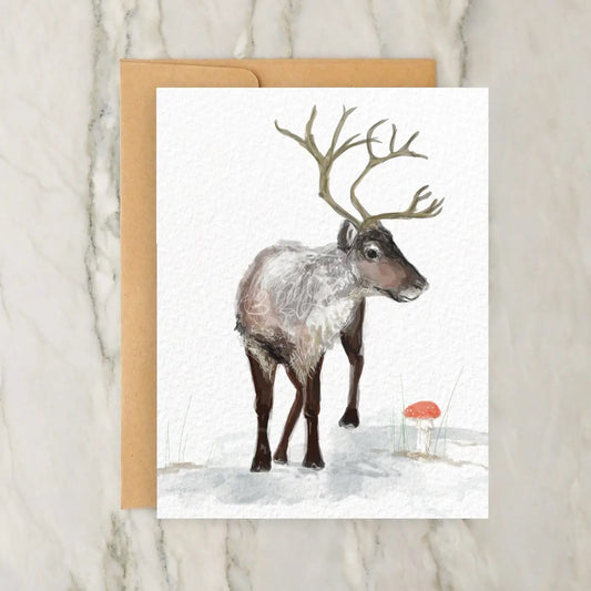 Reindeer with Toadstool Mushroom 4x5" Christmas / Winter Holiday Greeting Card