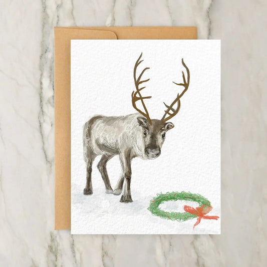 Reindeer With Wreath 4x5" Christmas / Winter Holiday Greeting Card