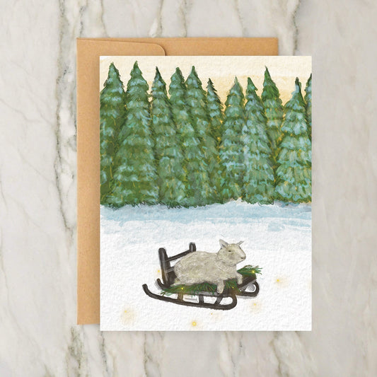 Christmas Sheep In A Sled 4x5" Greeting Card