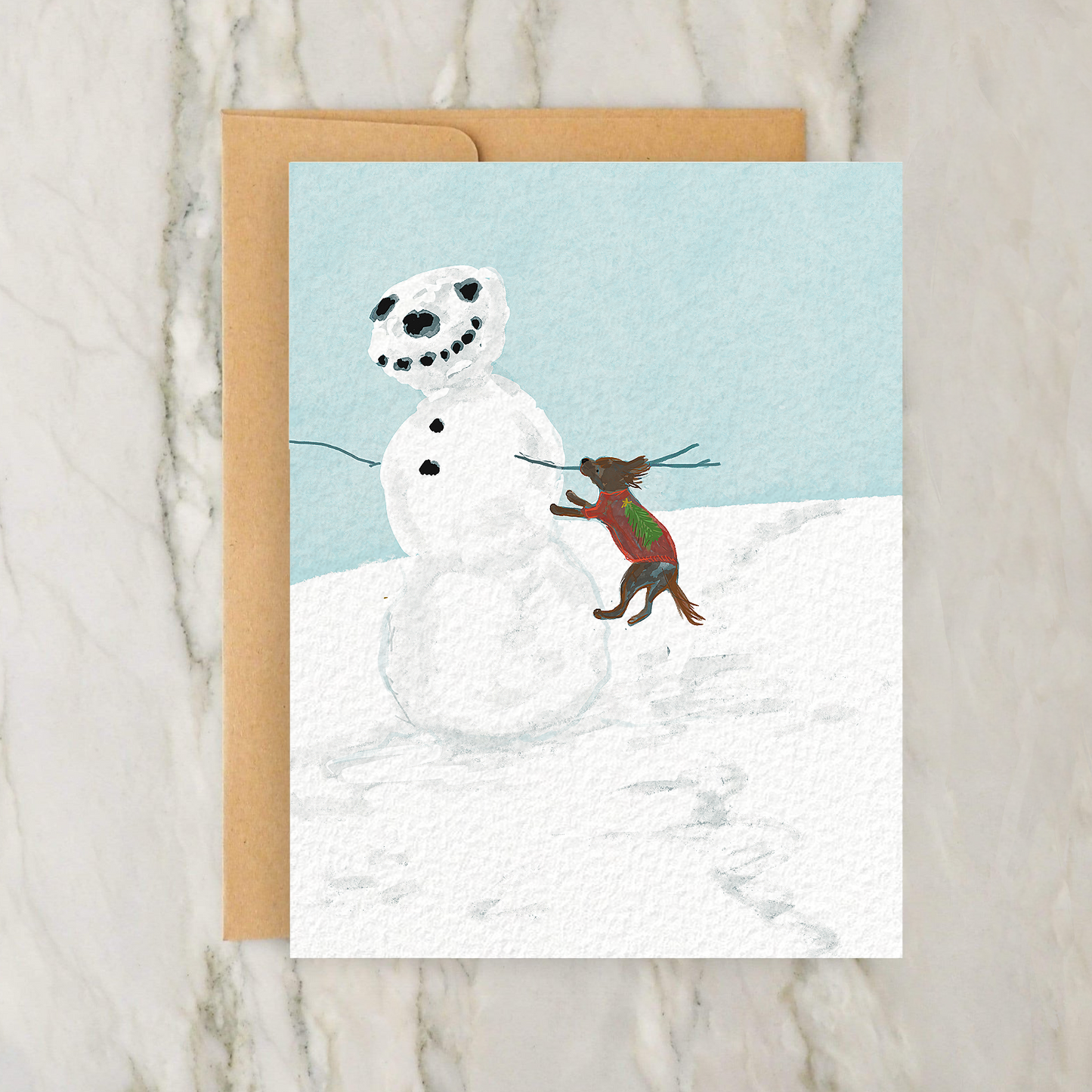 Dog Grabbing Snowman's Arm 4x5" Greeting Card