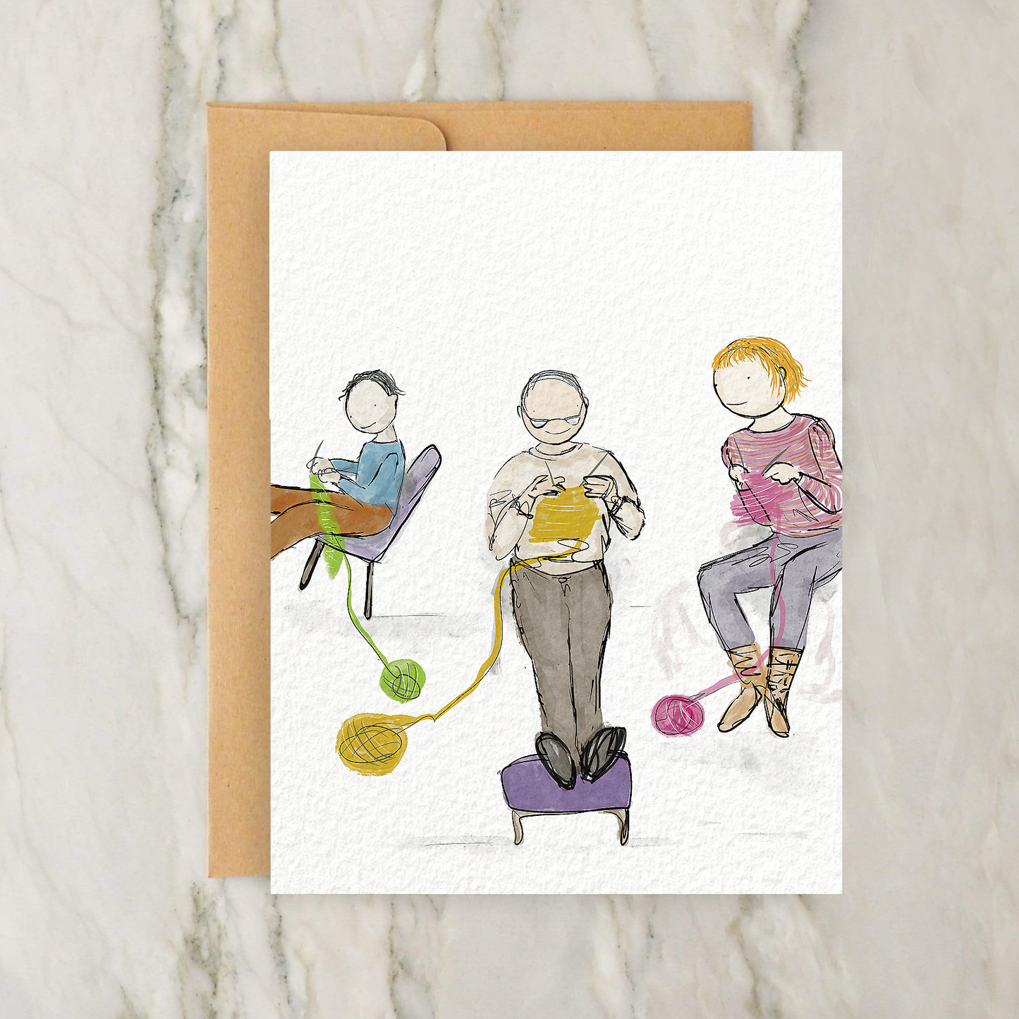 Three People Knitting 4x5" Greeting Card