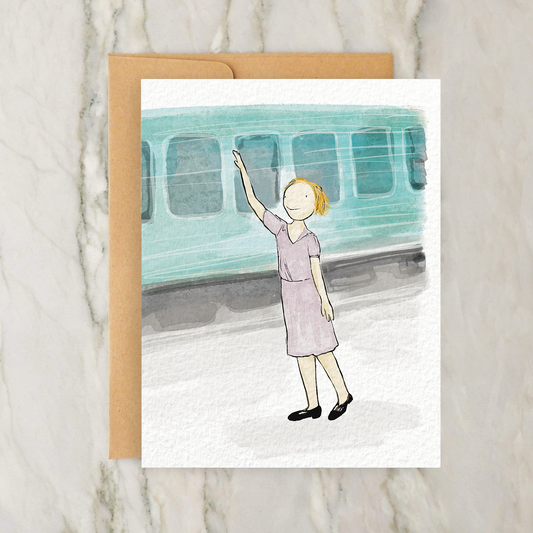 Person Waving at a Departing Train 4x5" Greeting Card