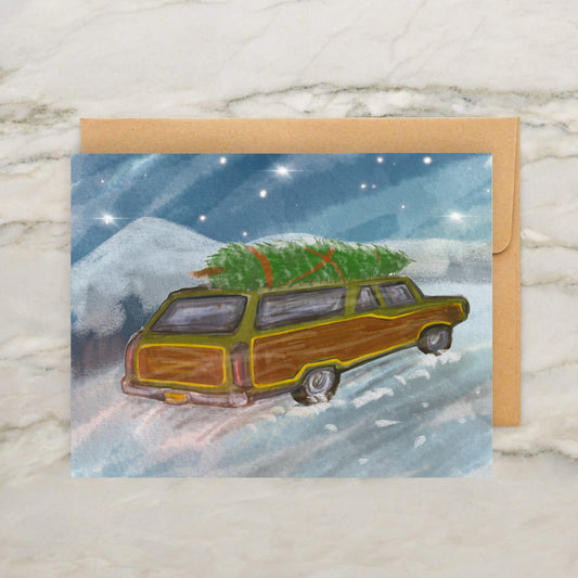 Old Fashioned Station Wagon With Christmas Tree 4x5" Card