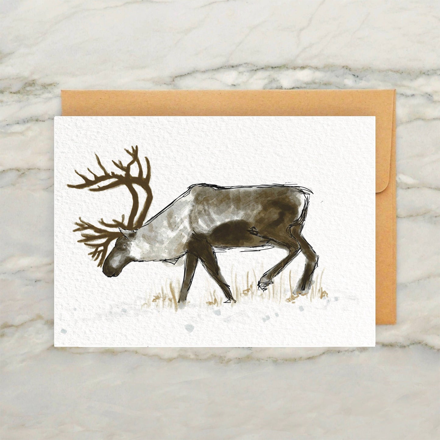 Reindeer on Tundra 4x5" Greeting Card -Vintage Christmas