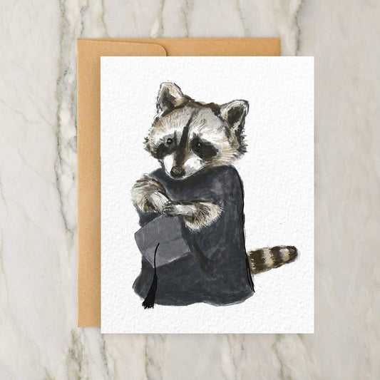 Cute Raccoon Graduation with Cap + Gown 4x5" Greeting Card