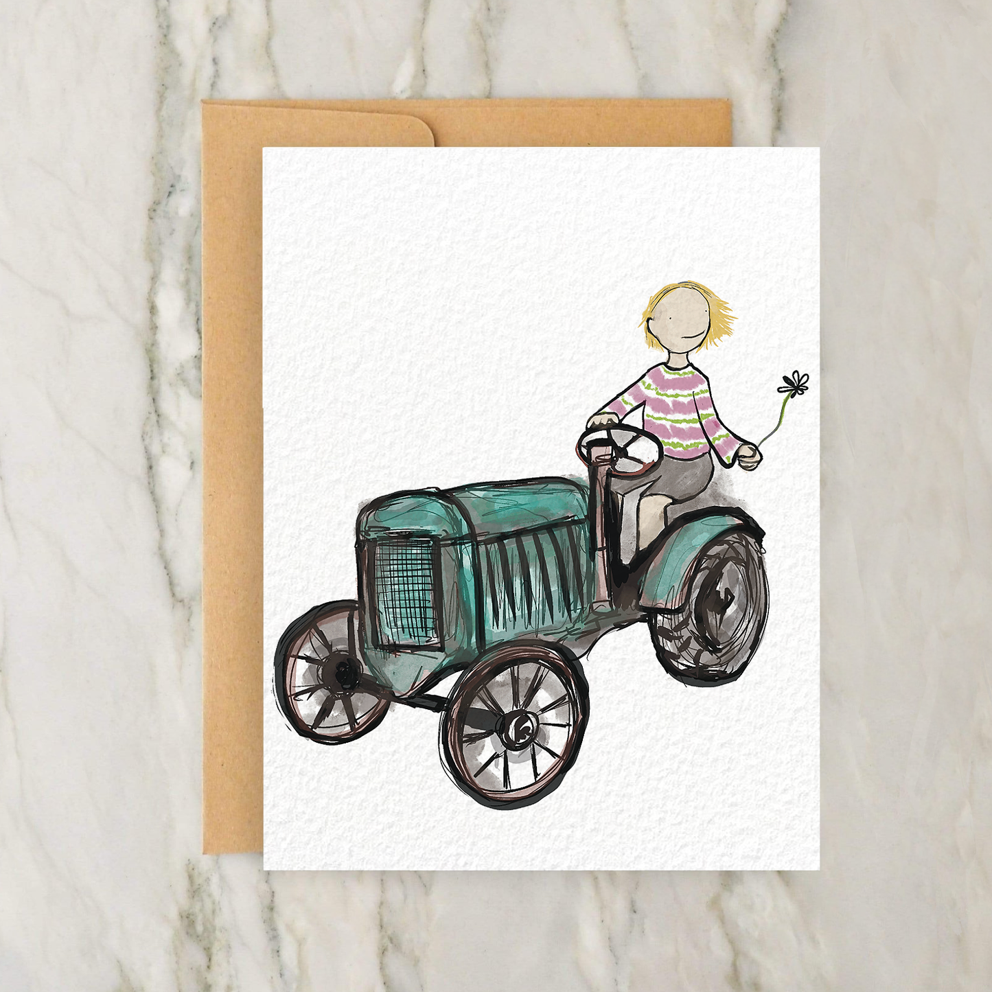 Blonde Person on a Tractor with a Flower 4x5" Greeting Card