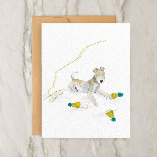 Terrier with Many Party Hats Birthday Card 4x5"