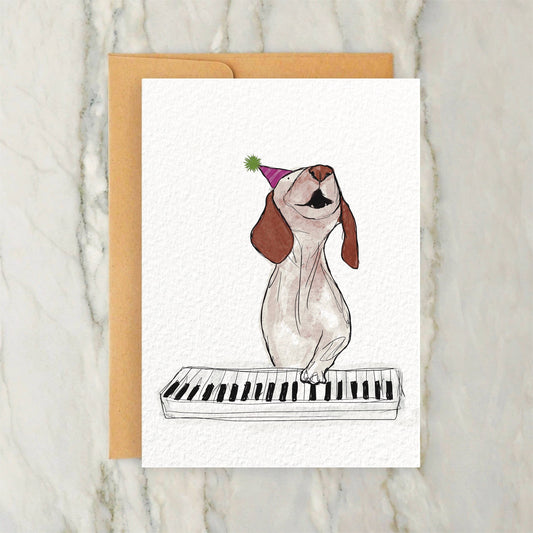 Dog Playing Piano and Howling in Party Hat Birthday Card 4x5