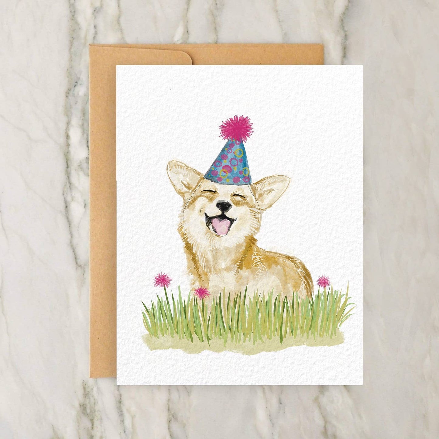 Cute Corgi in Party Hat Birthday Card 4x5"