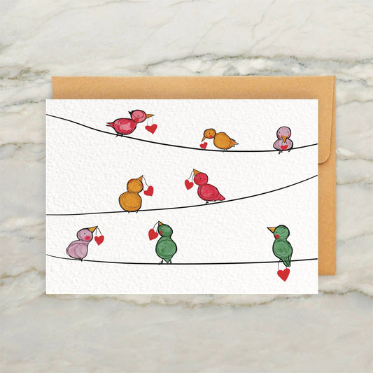 Colorful Birds & Hearts on a Wire Valentines Day Card 4x5"