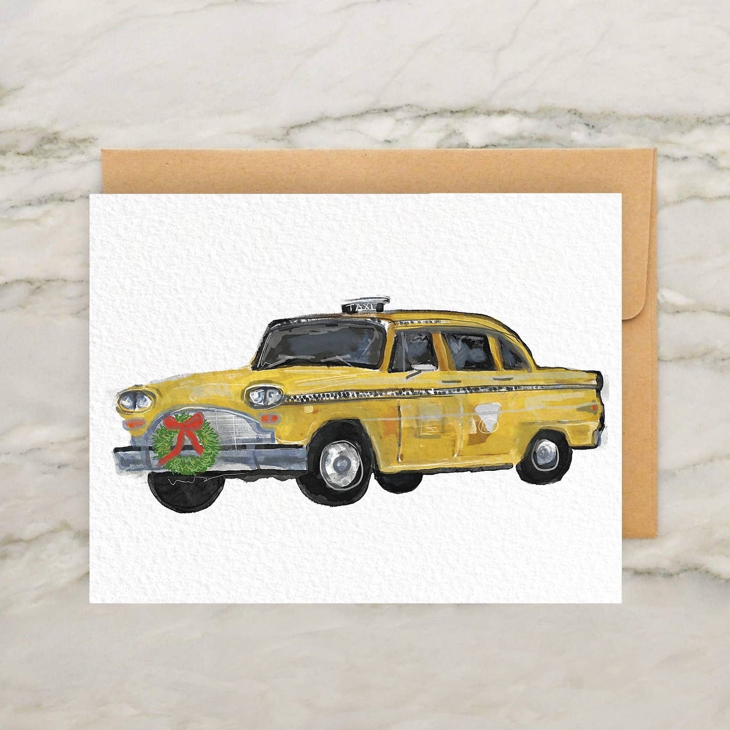 NYC Yellow Taxi Cab Christmas Wreath 4x5" Greeting Card