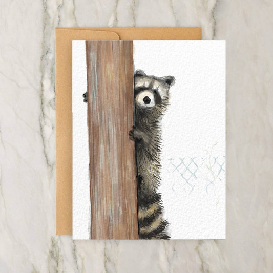 Raccoon On Telephone Pole in City Setting 4x5" Greeting Card