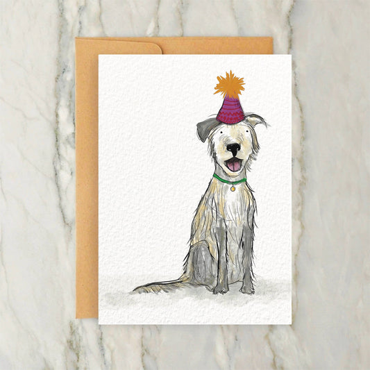 Shaggy Mutt Dog in Party Hat Birthday Card 4x5"