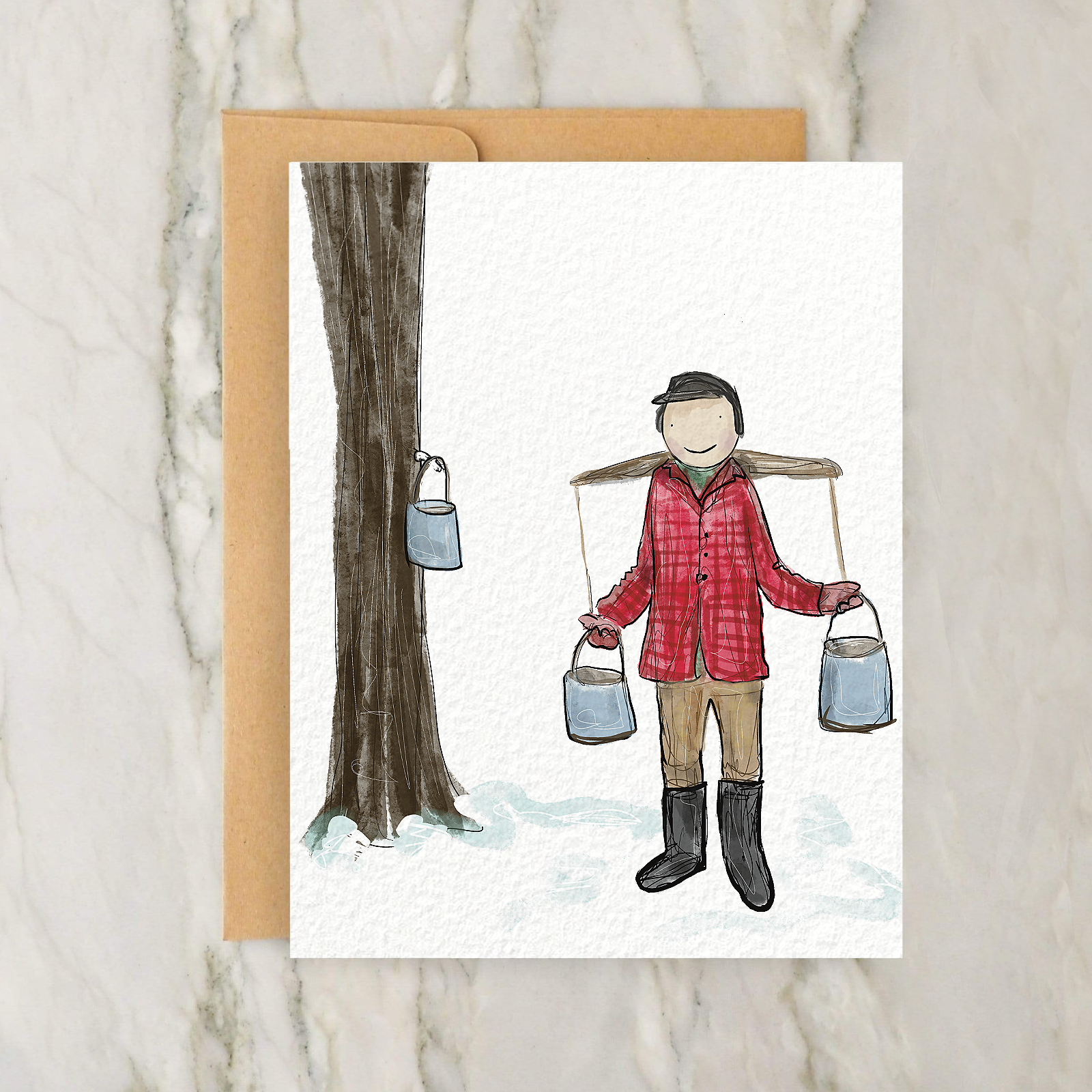 a card with a drawing of a man holding two buckets