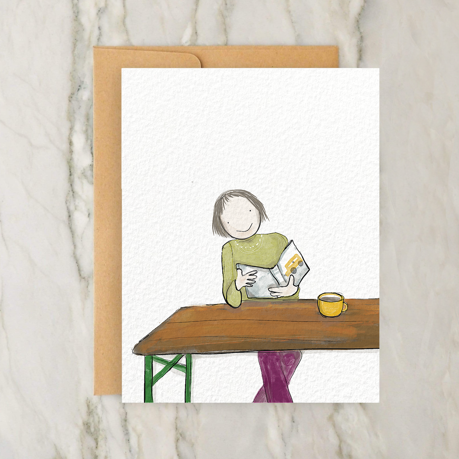 a card with a drawing of a person sitting at a table reading a book