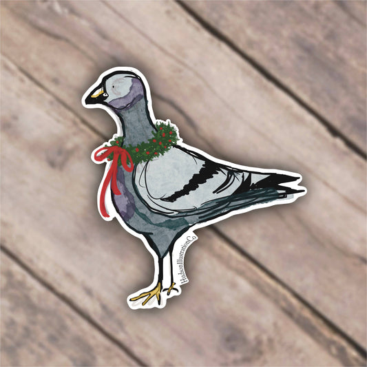 Waterproof Vinyl Holiday Pigeon Sticker with Wreath