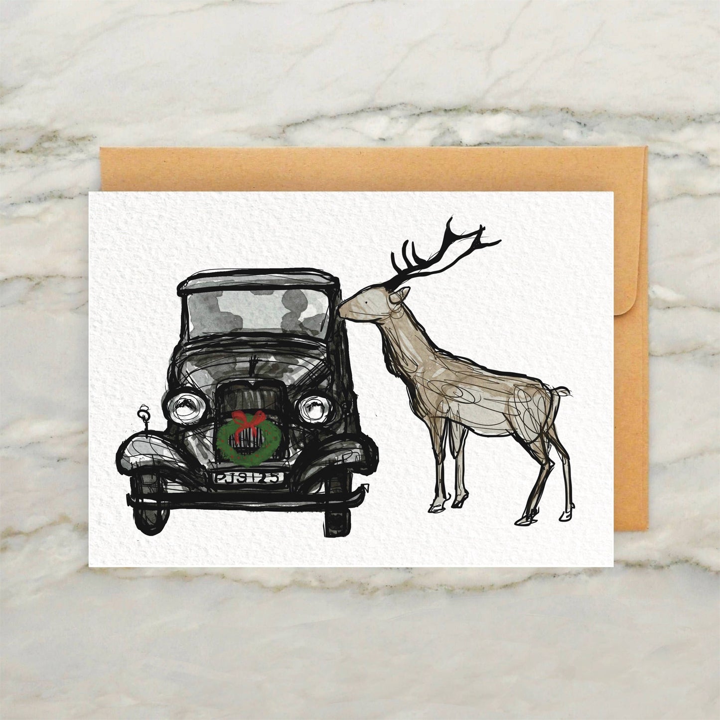 Deer and Car 4x5" Christmas Greeting Card