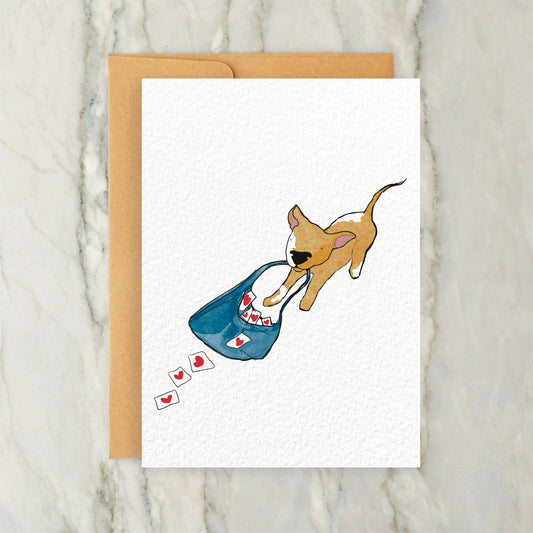 Dog with Bag of Love Letters Valentines Day Card 4x5"