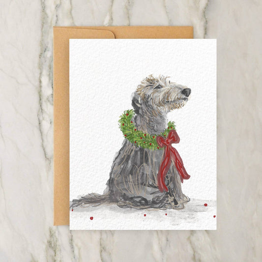 Smiling Shaggy Dog Christmas Wreath 4x5" Greeting Card