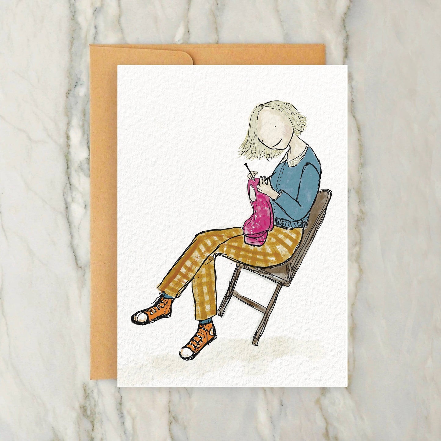 Blonde Person Knitting Sweater Card 4x5"