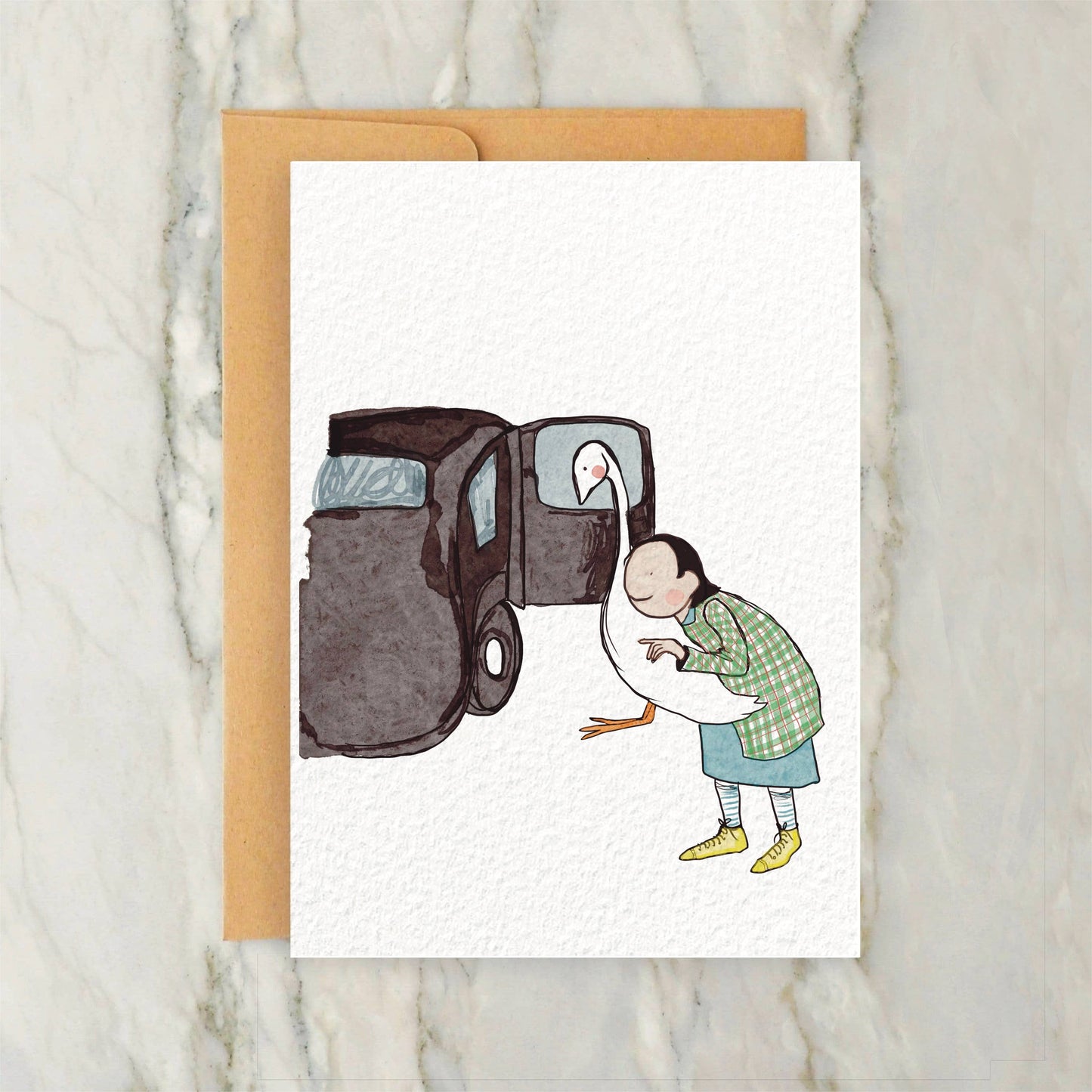 Person Putting a Swan into a Car 4x5" Greeting Card Vintage