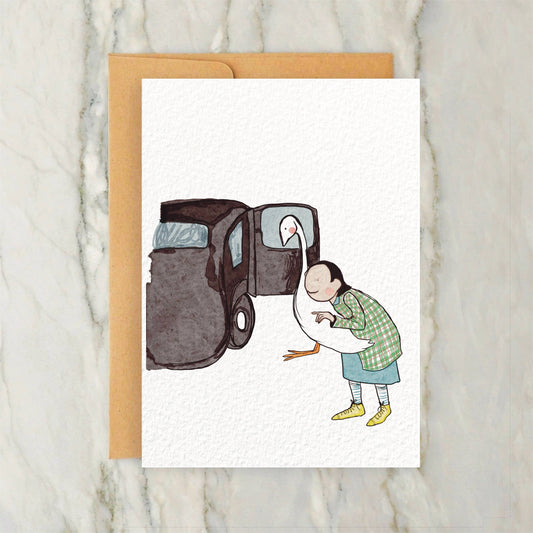 Person Putting a Swan into a Car 4x5" Greeting Card Vintage